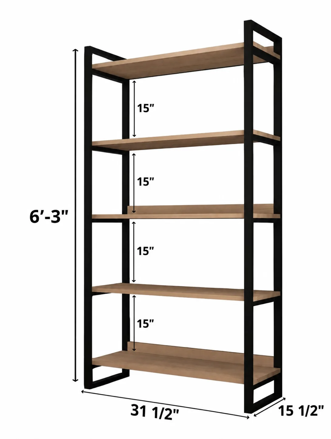 Industrial steel and wood bookshelf, 6'-3" tall
