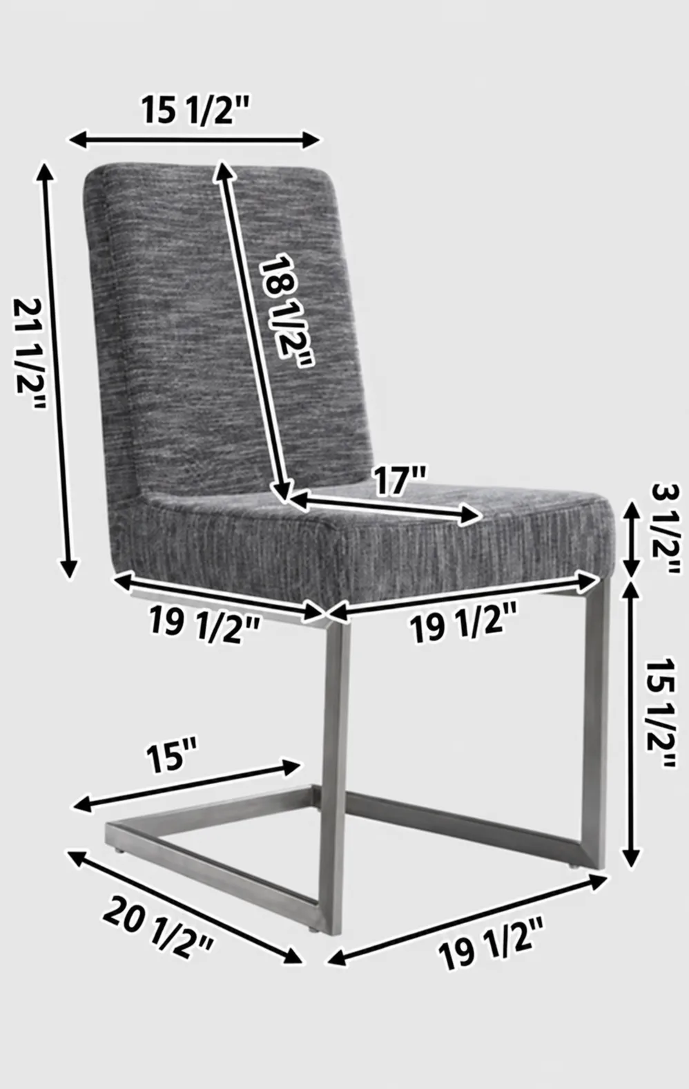 Upholstered cantilever chair with a steel frame and dimensioned seat